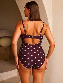 Shapewave Plus Size Women's Solid Color Special Fabric Spaghetti Strap Underwire One-Piece Swimsuit - Brown - View 2