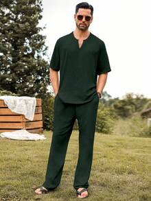 Palmeraft Men's Solid Color Notched Neck Short Sleeve Shirt And Pants Set, Holiday - Dark Green - View 3