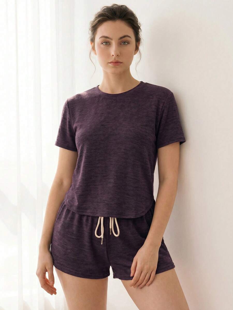 Liftille Women Casual 2Pc Set, Solid Color Short Sleeve Round Neck T-Shirt And Shorts, Fashionable For Summer Outfit - Purple - View 1