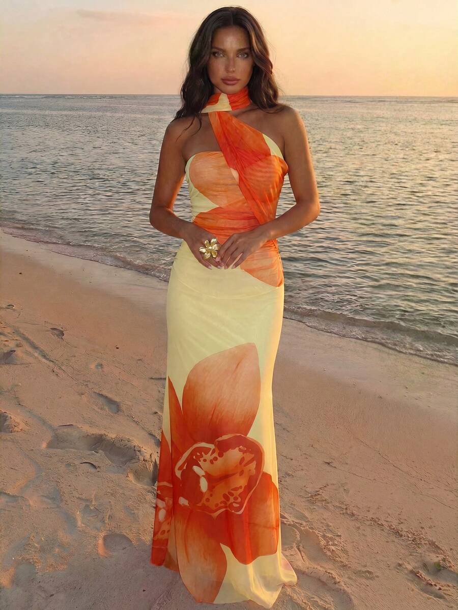 Aloruh 女款度假海灘花卉印花露背掛脖洋裝 - 淡黃色 - 查看 1
