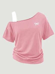 SHEIN Girlism 青少年女孩粉色與白色 T-shirt，2合1設計，蝴蝶結印花，對比色 T-shirt，設計款 T-shirt，不對稱，寬鬆，休閒，青少年女孩，運動風 - 粉色 - 查看 3