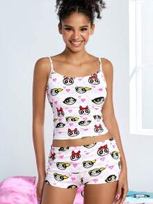 THE POWERPUFF GIRLS X SHEIN 女士服装、吊带背心和短裤睡衣套装、白色、毛茛、泡泡、花朵、PPG、卡通图案、全印花图案、心形图案、Y2K、音乐会服装、狂欢节服装、乡村音乐会服装、可爱、性感、休闲、2025 年春/夏 - 白色 - 查看 5