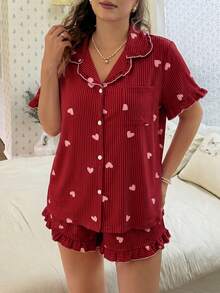 CottageSlumber Pink Heart Print Ruffle Collar Open Front Short Sleeve Shorts Plus Size Pajama Set - Red - View 5