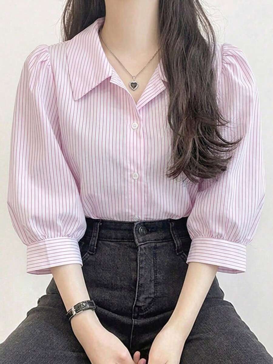 DAZY 女款翻領條紋短袖燈籠袖寬鬆襯衫 春夏秋季 - 粉色 - 查看 1