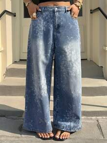 Dazy Plus Jeans rectos y holgados con estampado para mujer de talla grande, pantalones casuales de estilo callejero para vacaciones, primavera/verano - Azul lavado medio - Ver 6
