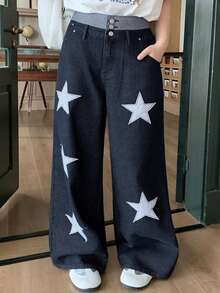 Dazy Plus Fashion Casual Contrast Color Patchwork Waistband 3-Button Decor Loose Straight Leg Long Plus Size Women's Jeans All Season - Dark Wash - View 8