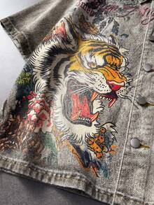 ROMWE MEN Men's Tiger Pattern Single-Breasted Casual Versatile Daily Denim Jacket - Grey - View 4