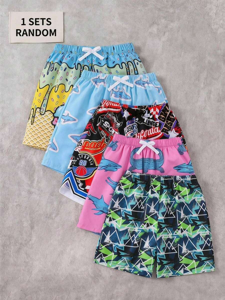SHEIN Kids Tween Boy Japanese & Korean Style Casual Versatile Comfortable Coconut Tree Print Pattern Loose Patchwork Tight Inner Lining Woven Loose Swim Shorts Beach Pants - Multicolor - View 1