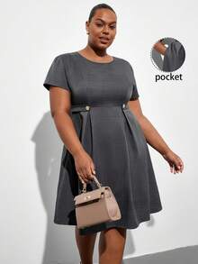 Chikora Plus Size Women's Brown Baggy Solid Color Round Neck Pleated Elegant Formal Commuter Autumn Casual Dress Suitable For Summer Spring Office Evening - Grey - View 8