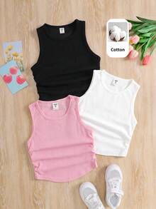 SHEIN Young Girl Knit Solid Color Round Neck Ruched Casual Tank Top 3pcs Set - Multicolor - View 6