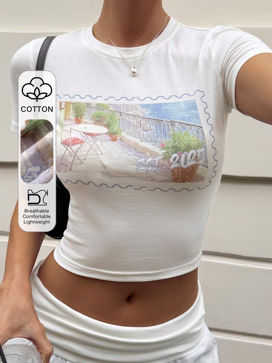 Livesso Spring & Summer Casual Street Style White Tee, Round Neck Floral & Letter Print, Basic Music Festival Vacation Vibe Short Sleeve T-Shirt For Women - White - View 1