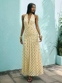 Opulessa Vestido de mujer de punto de malla de unicolor con cuello halter y espalda descubierta para vacaciones de primavera/verano - Amarillo claro - Ver 5