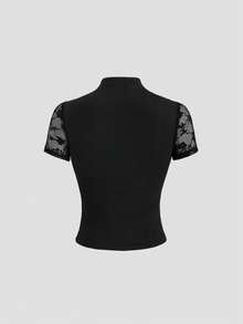 Sweetra Camiseta de mujer de diseñador de calle elegante y versátil, estilo chic de alta calle, efecto adelgazante, con encaje, cómoda, para primavera/verano, nueva - Negro - Ver 2