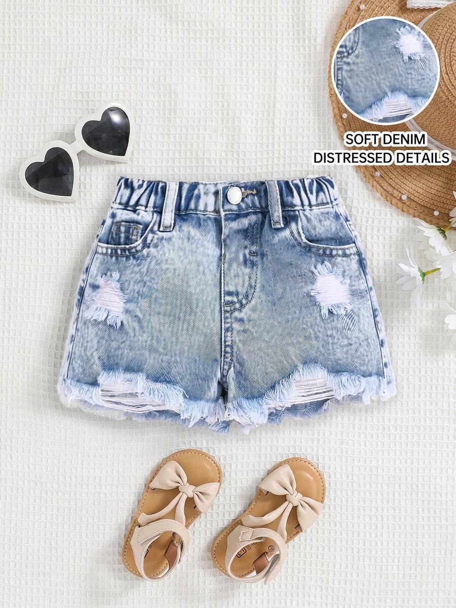 SHEIN Young Girls' Y2K Spring Summer Boho Girls Jeans Shorts ,Washed Casual Distressed Denim Shorts - Light Wash - View 1