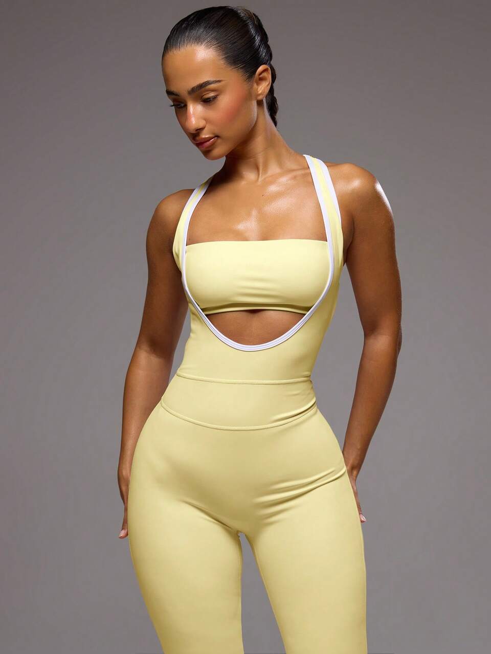 Active Contrast Cut Out Wide Leg Jumpsuit Workout Gym Pilates Fitness Daily Girly Casual Hot Sweat Summer