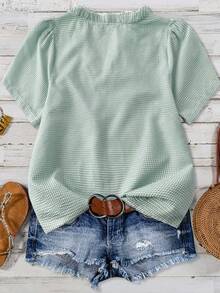 Linhara Women's Plus Size Solid Textured Fabric V-Neck Short Sleeve Casual Regular Fit Shirt Going Out Tops Vacation Club - Olive Green - View 2