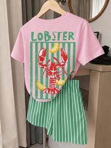 SHEIN Tween Girl Crew Neck Letter Lobster Print Short Sleeve T-Shirt And Shorts Casual Daily Set - Multicolor - View 2