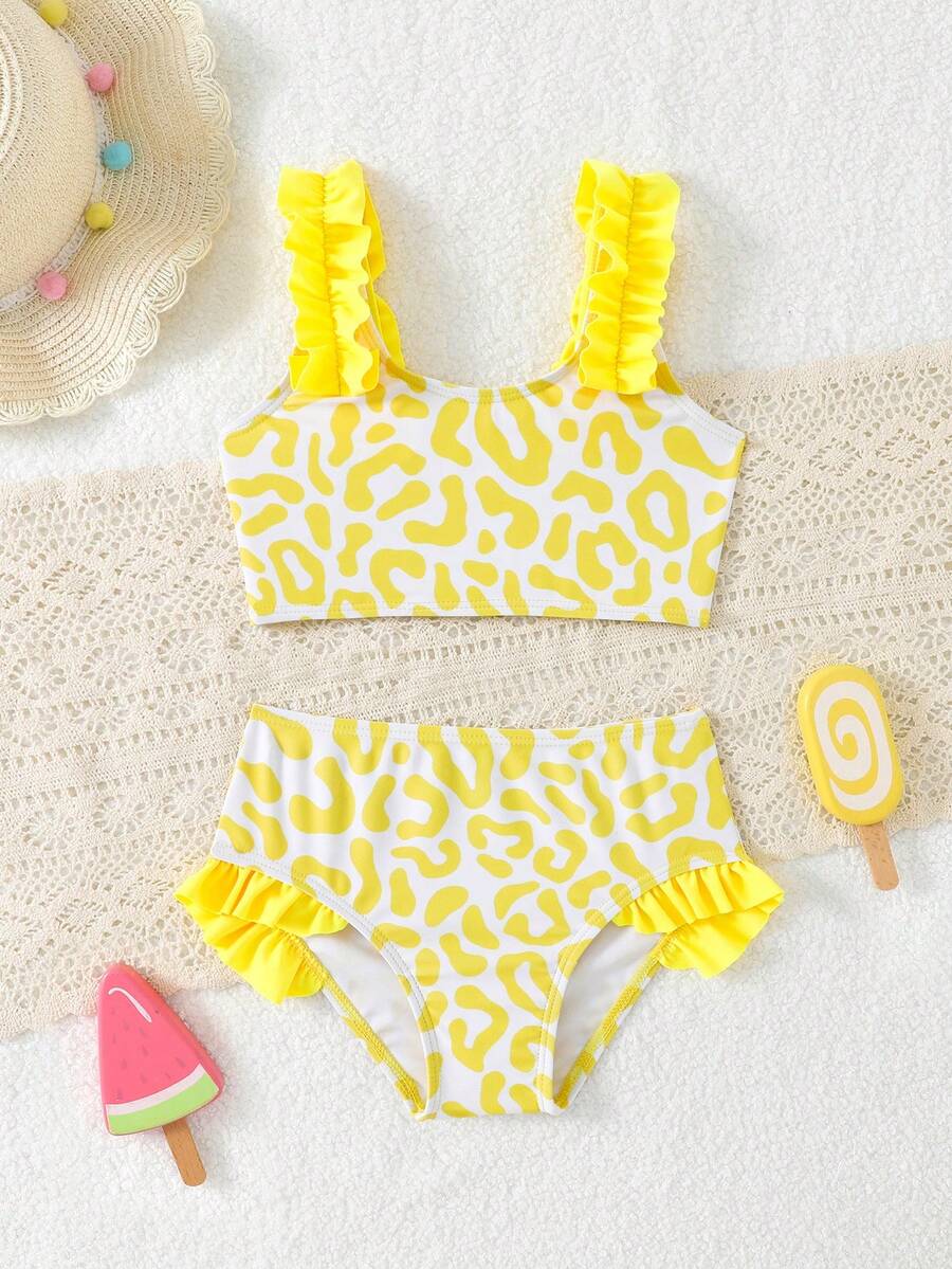 SHEIN Conjunto de traje de baño de dos piezas con estampado de leopardo para niña joven en vacaciones - Amarillo - Ver 1
