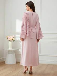 Veilorie Vestido de fiesta árabe elegante para mujer con diseño de chal, patrón floral de lentejuelas y cintura ceñida - Rosa - Ver 3