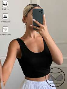 Livesso Wide Strap Backless Padded Short Solid Color Women's Sports Bra - Black - View 3