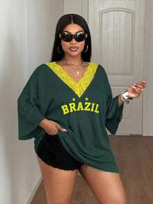 Maweii Plus Size Casual Sports Lace Patchwork Color Block Letter Print T-Shirt - Multicolor - View 5