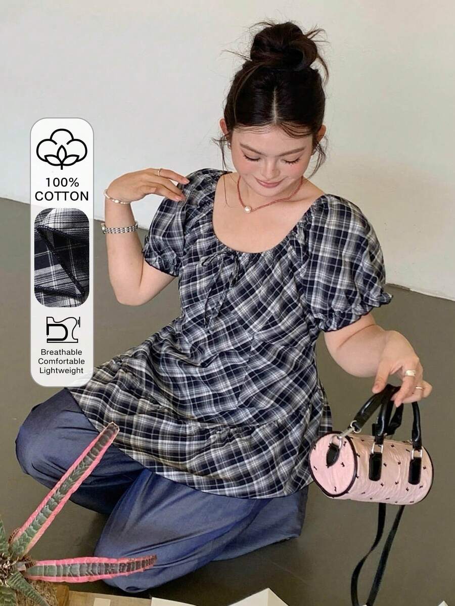 Dazy Plus 格紋圓領休閒短袖修身長版襯衫，春/夏，大尺碼圖案T恤 - 藏蓝色 - 查看 1