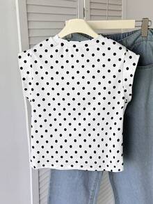 SHEIN Tween女孩夏季穿搭 印花波點圓領短袖休閒T恤 - 黑與白 - 查看 2