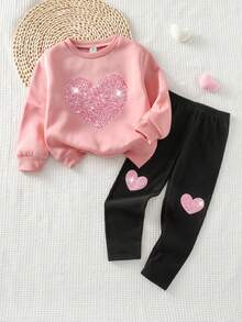 Emery Rose Kids Emery Rose Kids 2件組女童少女心形印花落肩秋季運動衫與鬆緊腰打底褲套裝，甜美女孩軟萌開學穿搭套裝 - 淺粉色 - 查看 2