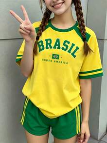 青少年女孩清新巴西黃色底色肩前綠旗五角星條紋印花基礎短袖T恤與短褲套裝，夏季日常運動穿搭 - 彩色 - 查看 4