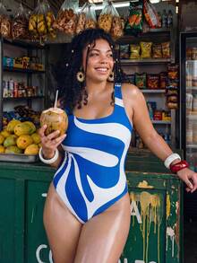 Swim Vcay 2026 New Plus Size Slimming One-Piece Swimsuit Dusty Blue Abstract Wave Print Vintage 1920s Premium Square Neck Wide Strap Stable Coverage Summer - Multicolor - View 1