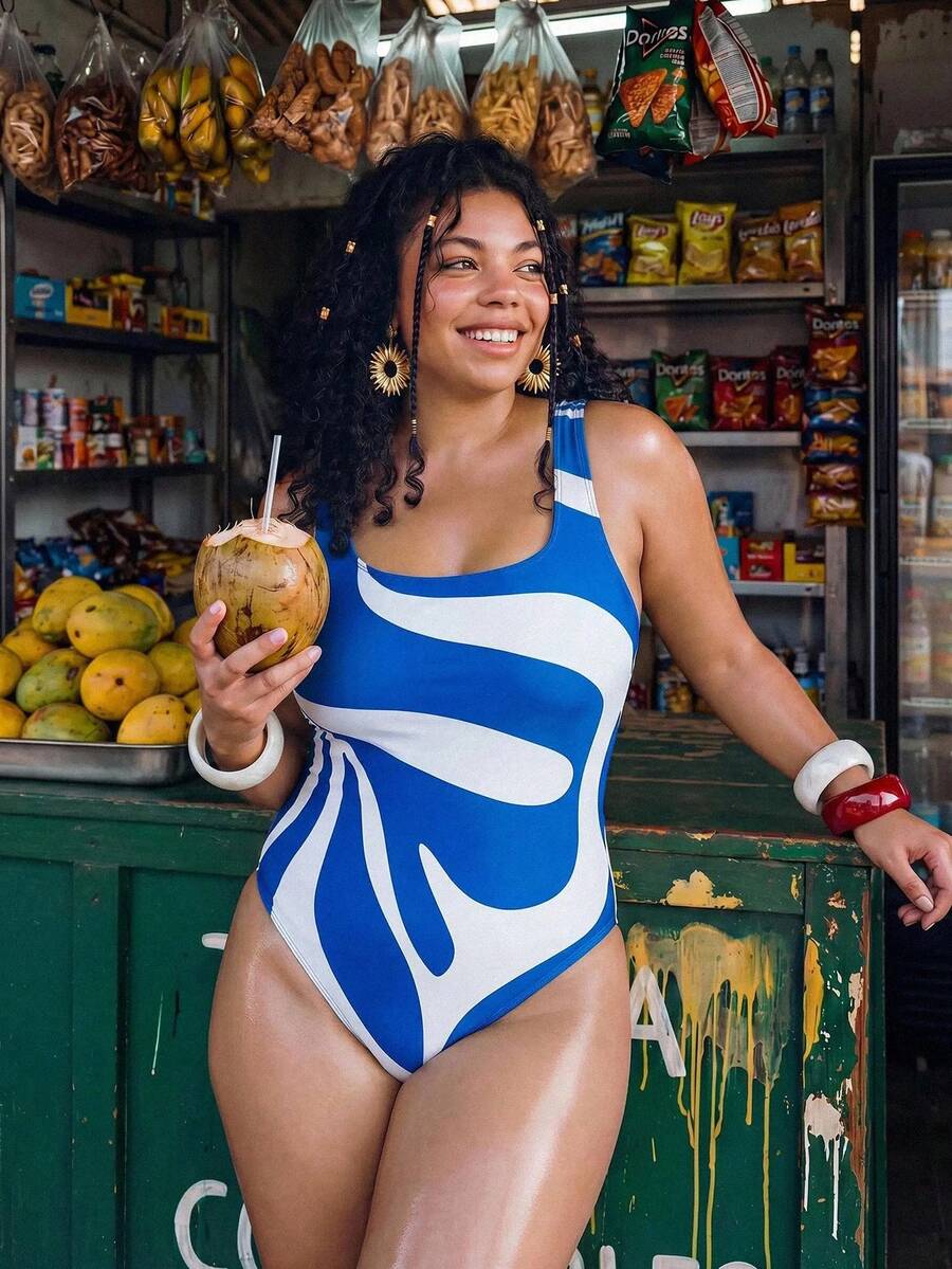 Swim Vcay 2026 New Plus Size Slimming One-Piece Swimsuit Dusty Blue Abstract Wave Print Vintage 1920s Premium Square Neck Wide Strap Stable Coverage Summer - Multicolor - View 1