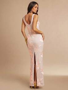 Silquee 3D Floral Fitted Minimalist Sexy Sleeveless Dress - Coral Pink - View 2