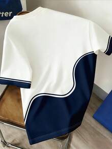 Manfinity Joysei Men's Simple Color-Block Wavy Striped Crew Neck Short Sleeve T-Shirt, Simple Wavy Color-Block Design, Refreshing Blue And White Color Scheme, Wear Out Full Energy Youthful Vibe - Multicolor - View 2