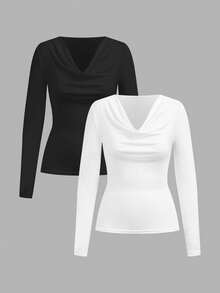 SHEIN EZwear 秋季新款不對稱領口不對稱領性感女款T恤上衣，適合日常通勤、聚會、秋冬夏季、聖誕節、新年、感恩節、派對、婚禮、海灘、畢業典禮、時尚優雅、約會、通勤、情人節、度假、Y2K、外出、畢業典禮及其他場合 - 彩色 - 查看 1