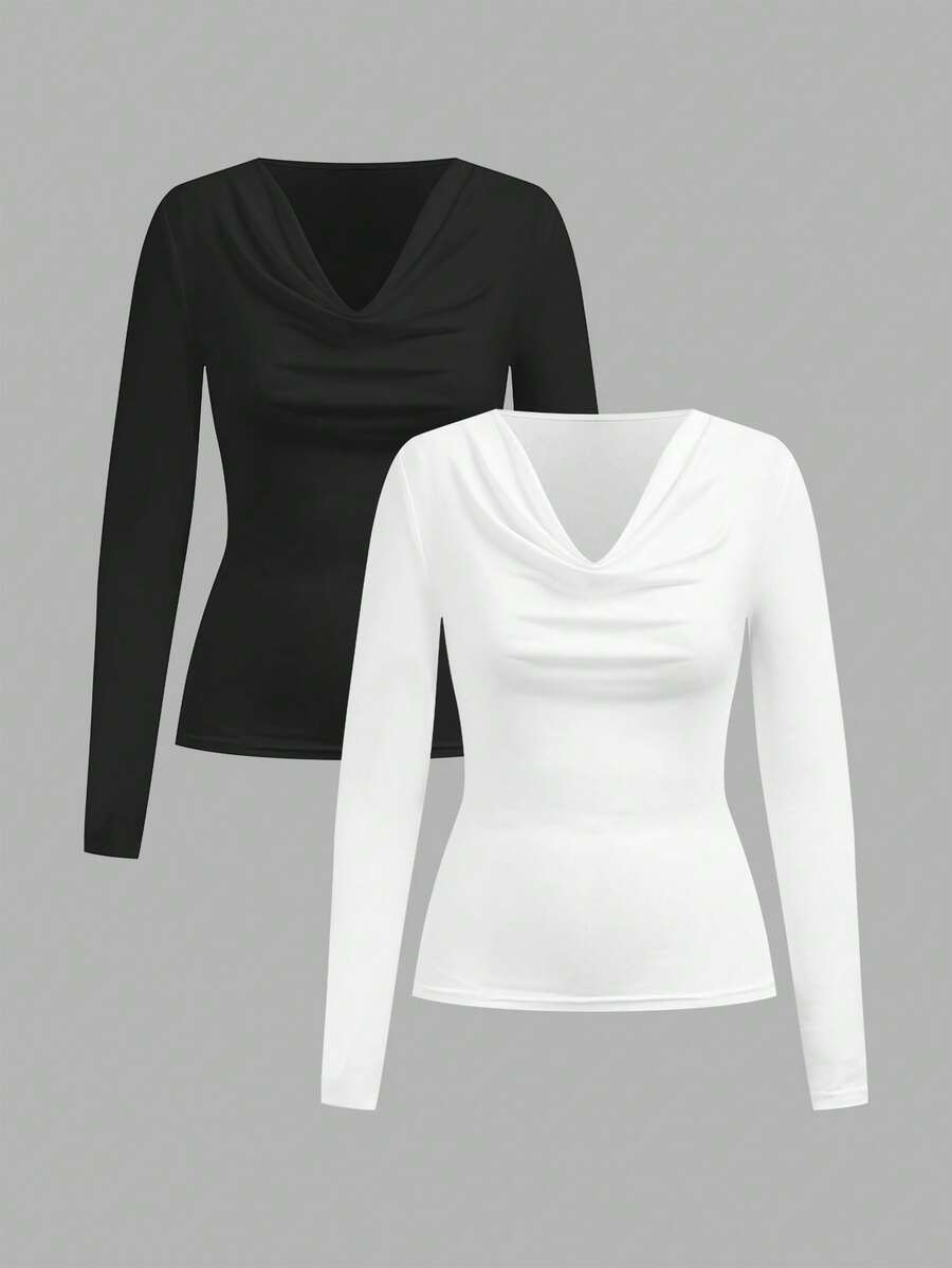 SHEIN EZwear 秋季新款不對稱領口不對稱領性感女款T恤上衣,適合日常通勤、聚會、秋冬夏季、聖誕節、新年、感恩節、派對、婚禮、海灘、畢業典禮、時尚優雅、約會、通勤、情人節、度假、Y2K、外出、畢業典禮及其他場合 - 彩色 - 查看 1