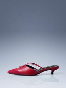 CUCCOO GRLICON Women's Red Color Matching Pointed Back Empty Kitten Heels, French Retro Bow Stiletto Commuter Shoes - Red - View 2