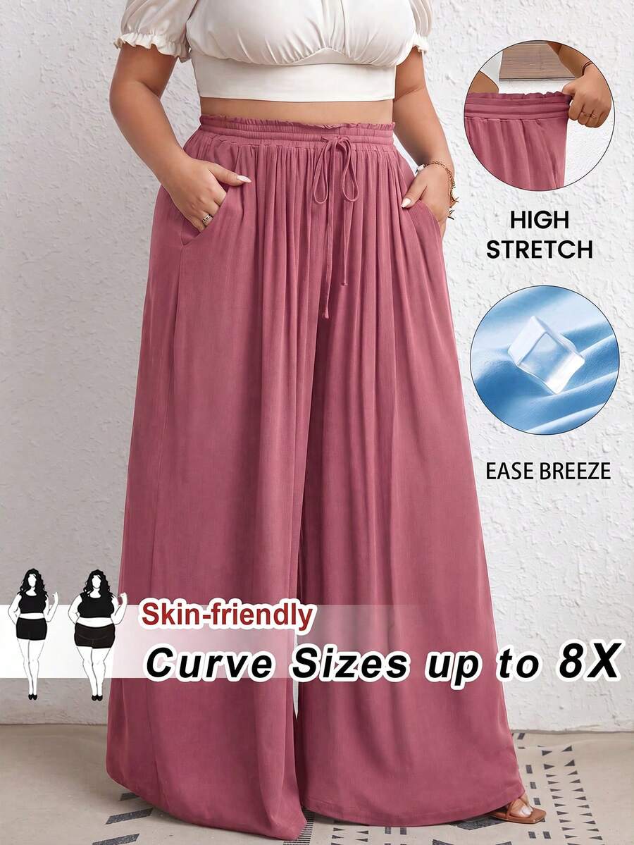 SHEIN CURVE+ 大尺碼高腰寬腿褲，附腰帶、側口袋、羅紋面料、黑色，適合度假、優雅休閒場合、基本搭配、夏季、海灘假期、波西米亞節慶、波西米亞度假