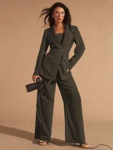Glamine Completo da donna 3 pezzi verde oliva con collo a revers, casual da pendolare, business versatile per ufficio e uscite, vestibilità ampia, per la Festa degli Insegnanti, estivo - Verde - Visualizzare 4
