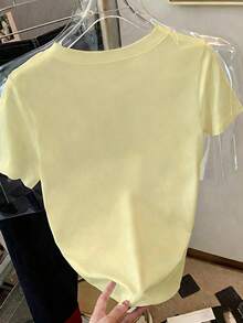 SHEIN Women's Solid Color Round Neck Casual Versatile Daily Wear Short Sleeve T-Shirt - Yellow - View 2