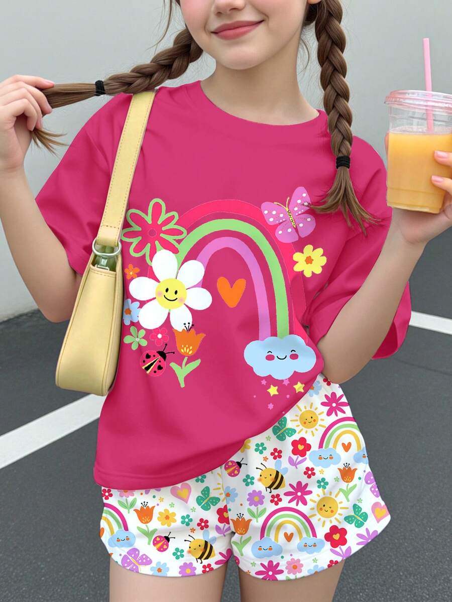 Young Girl Casual Minimalist Cute Childlike Floral Face, Rainbow, Insect, Butterfly Print Short Sleeve And Shorts 2-Piece Set, Suitable For Summer, Cozy Spring And Summer Styles - Multicolor - View 1