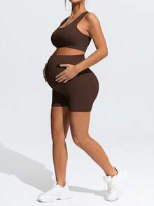 SHEIN Maternity Solid Color Top And Adjustable Shorts Casual Daily Sports Set - Coffee Brown - View 8