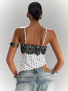 LYSMO Women's Contrast Lace Polka Dot Print Front Tie Sexy Camisole - Black and White - View 2