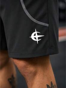 Sport MetroGents Men's Black Sports Shorts With Line Patchwork Star Print And Drawstring, Gym - Black - View 3