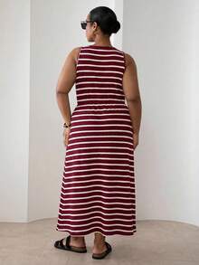 ELLERISSA Plus Size Red & White Striped Button Front Sleeveless Midi Dress - Red and White - View 5