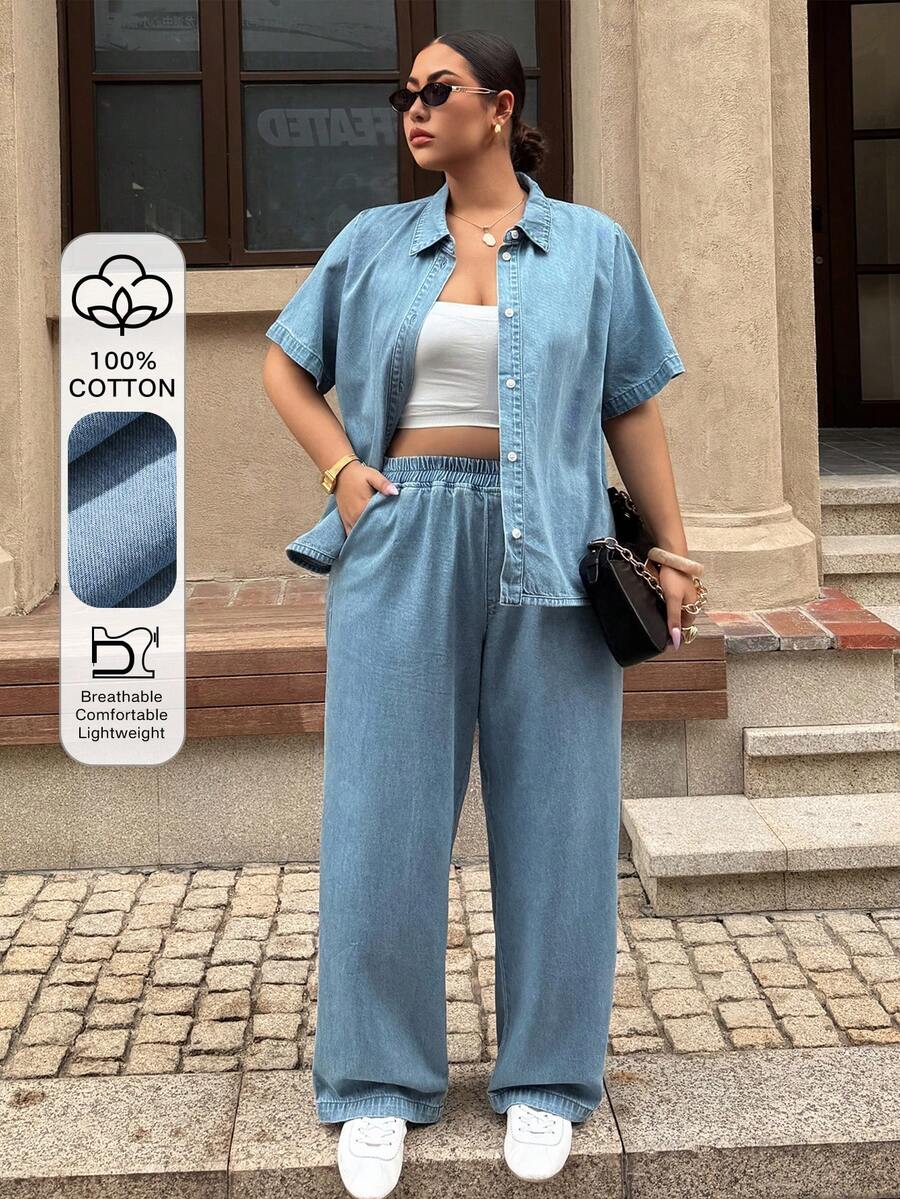 Dazy Plus 夏季翻领七分袖开襟牛仔上衣和宽松休闲牛仔裤两件套,男女皆宜的休闲牛仔套装,大码 - 淺色水洗藍 - 查看 1