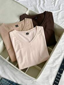 SHEIN EZwear 3件組女款夏季V領修身T恤，龐克次文化動漫純色基本款V領短袖修身T恤 - 彩色 - 查看 7