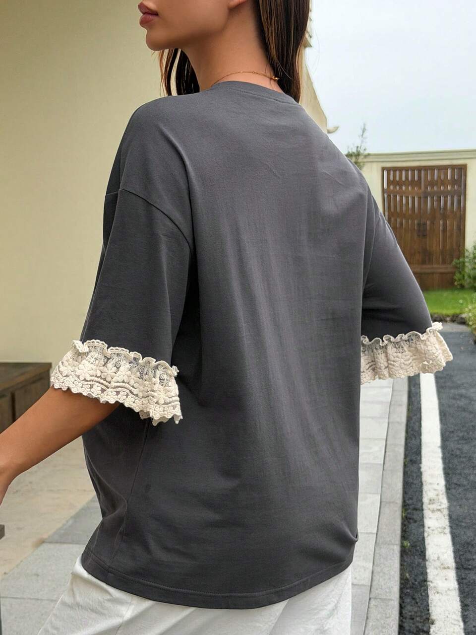 Spring/Summer All Cotton Colorblock Patchwork Sheer Lace Short Sleeve Letter Print Loose Casual Versatile Maternity T-Shirt