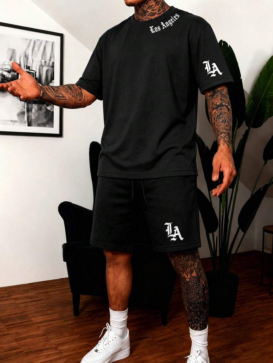 NEOREFINED Men's Casual Loose Short Sleeve T-Shirt And Drawstring Pocket Shorts 2 Pieces Set - Black - View 1