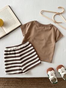 LMoss Kids Baby Boy Knit Solid Color Cute Puppy Pattern T-Shirt And Striped Shorts 2-Piece Set - Brown - View 2