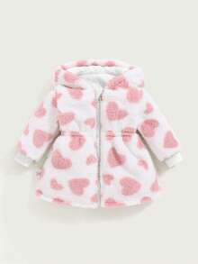 SHEIN Playful Pals 2件組可翻面女嬰幼童秋冬百搭萬能休閒加厚愛心絨毛法蘭絨收腰長版大衣保暖外套 - 白色 - 查看 8